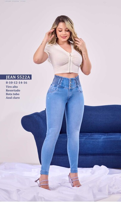 Jean en tubo push up para mujer con el tiro alto y en mezclilla