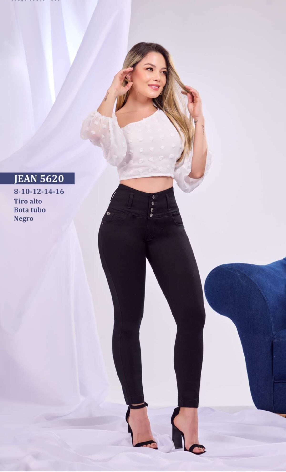 Jean skinny push up tiro alto negro elegante para mujer