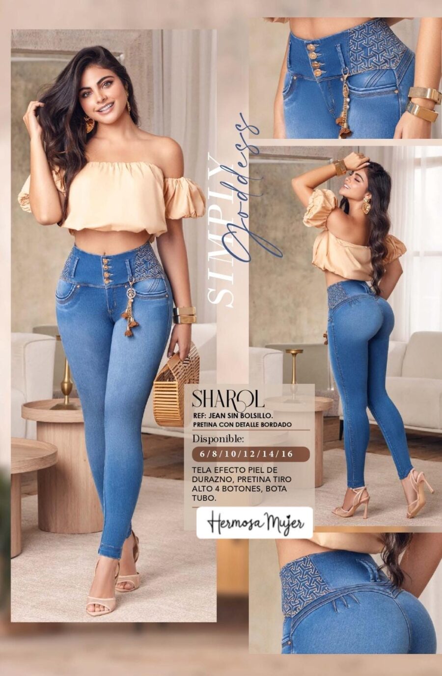 Jean push up para mujer skinny con tiro alto de tres botones