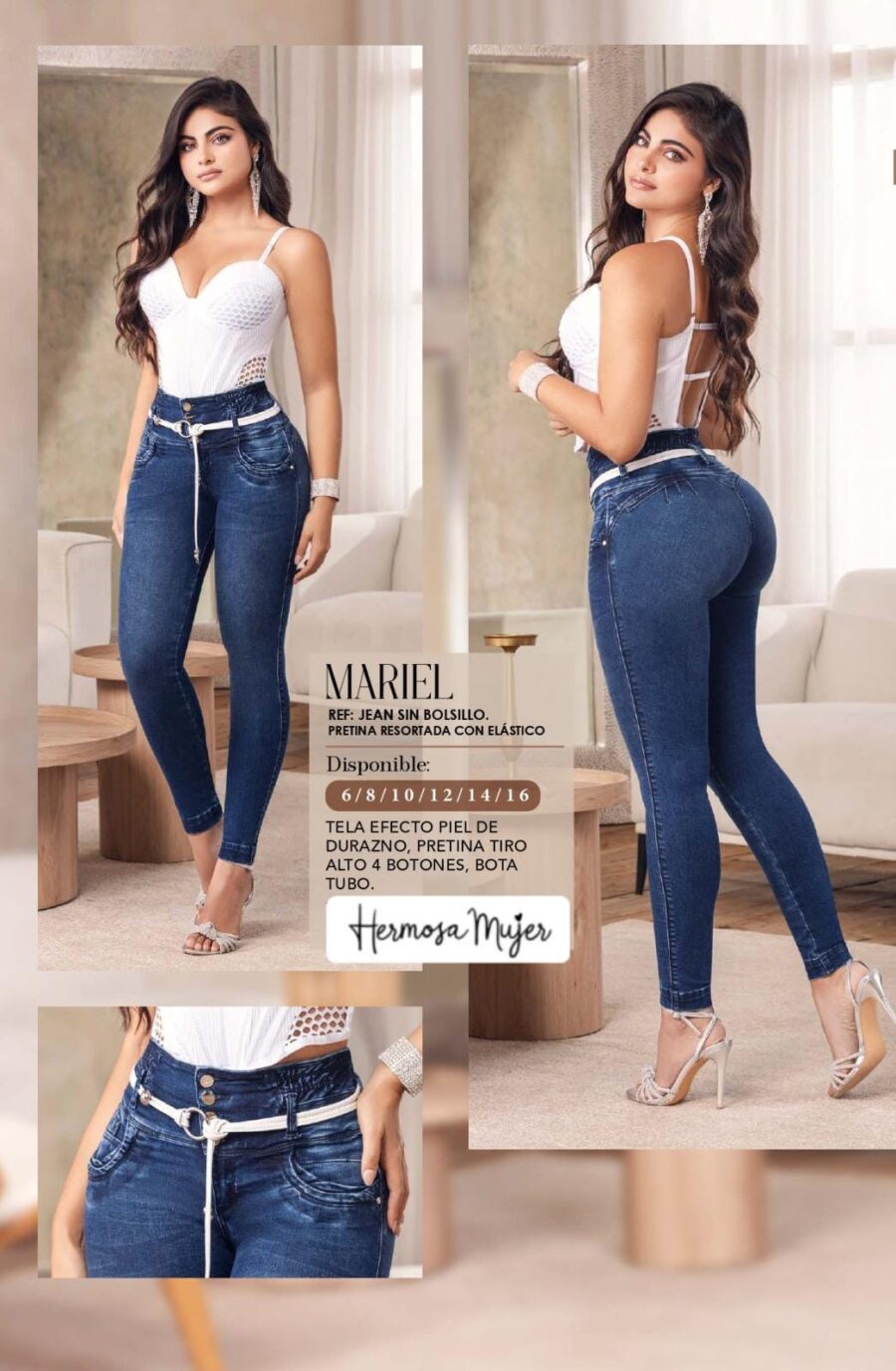Jean para mujer skinny push up tiro alto sin bolsillos traseros
