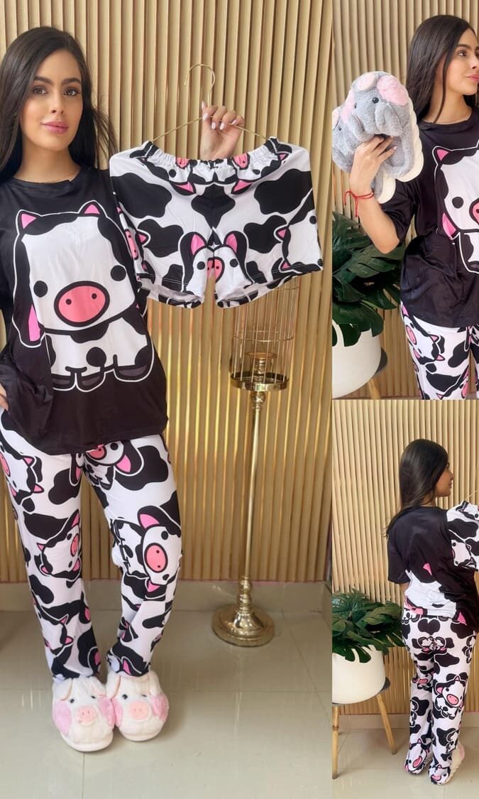 Pijama en conjunto short camiseta y pantalón de vaca tierna