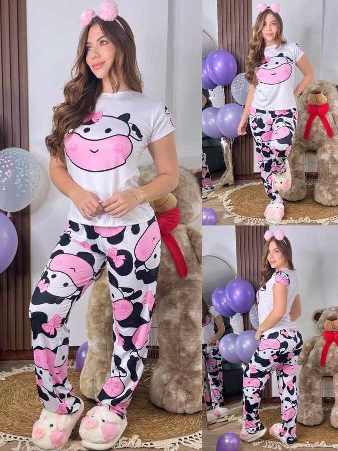 Pantalon y camiseta de pijama para mujer de vaquita con moño