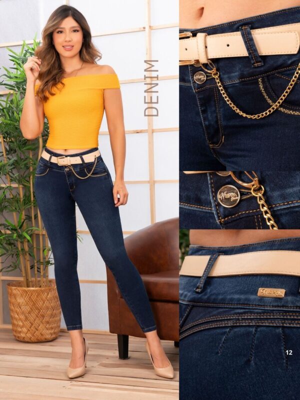 Jean push up con cinturon y cadena bota tubo para mujer