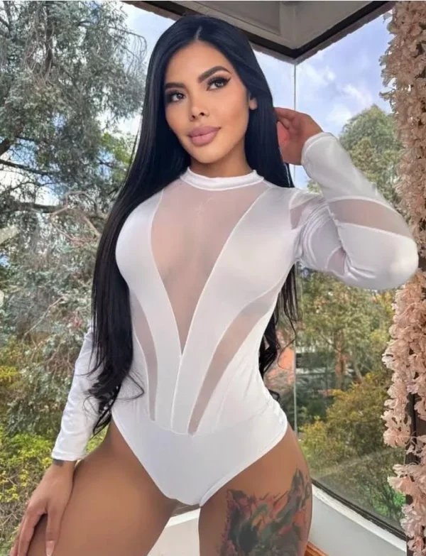 Body manga larga con partes de malla transparente