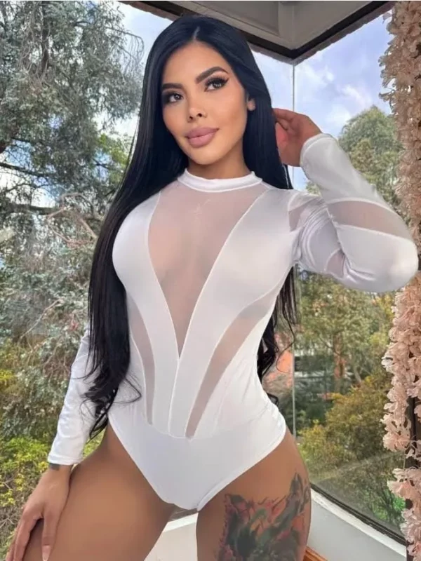 Body manga larga con partes de malla transparente