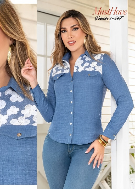 Blusa denim manga larga con encaje