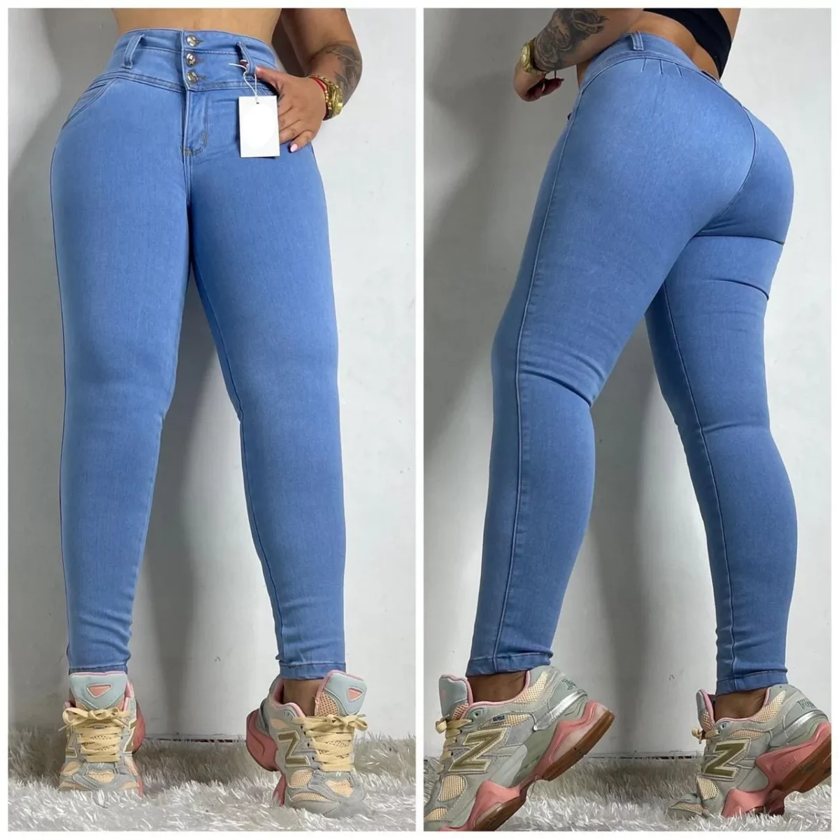 Jean push up bota tubo con tres botones azul claro