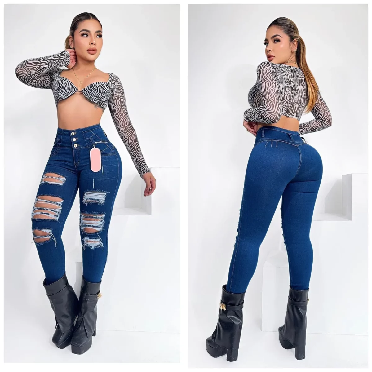 Jeans casuales ceñidos con bolsillos y con rotos para mujer