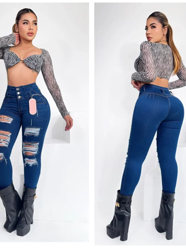 Jeans casuales ceñidos con bolsillos y con rotos para mujer