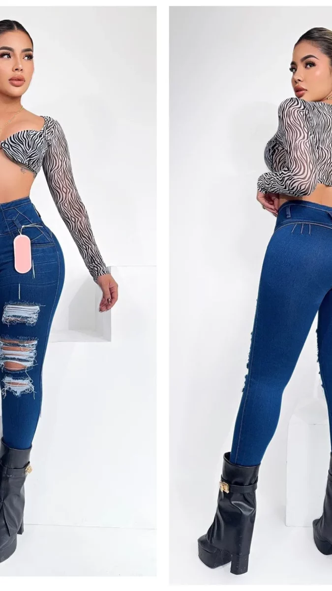 Jeans casuales ceñidos con bolsillos y con rotos para mujer
