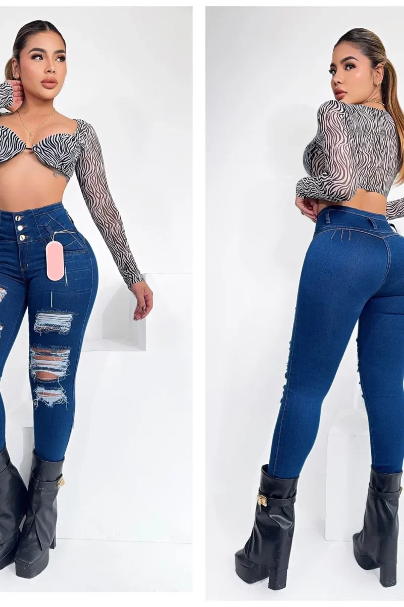 Jeans casuales ceñidos con bolsillos y con rotos para mujer