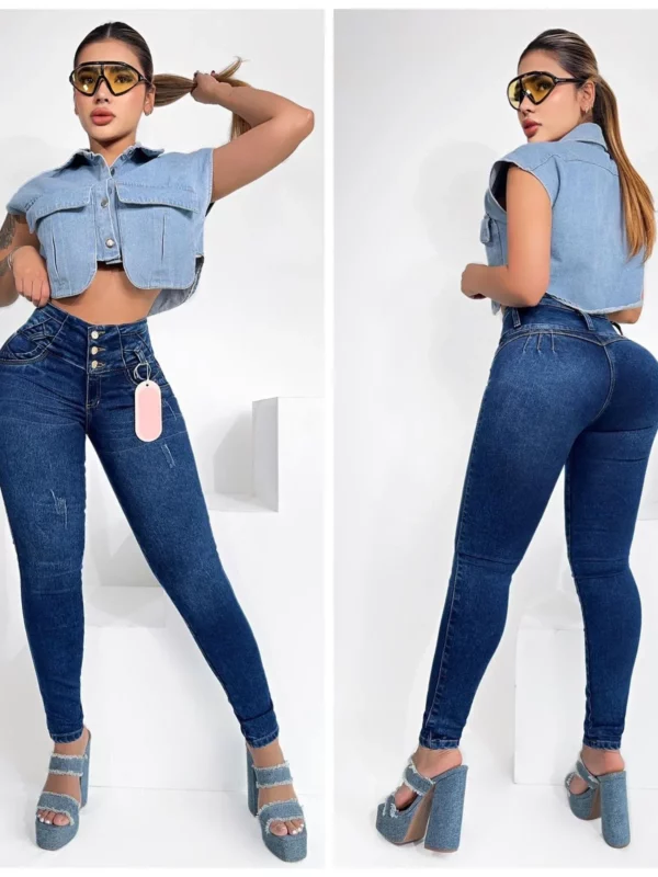 Jeans casuales ceñidos con bolsillos y desgastados para mujer