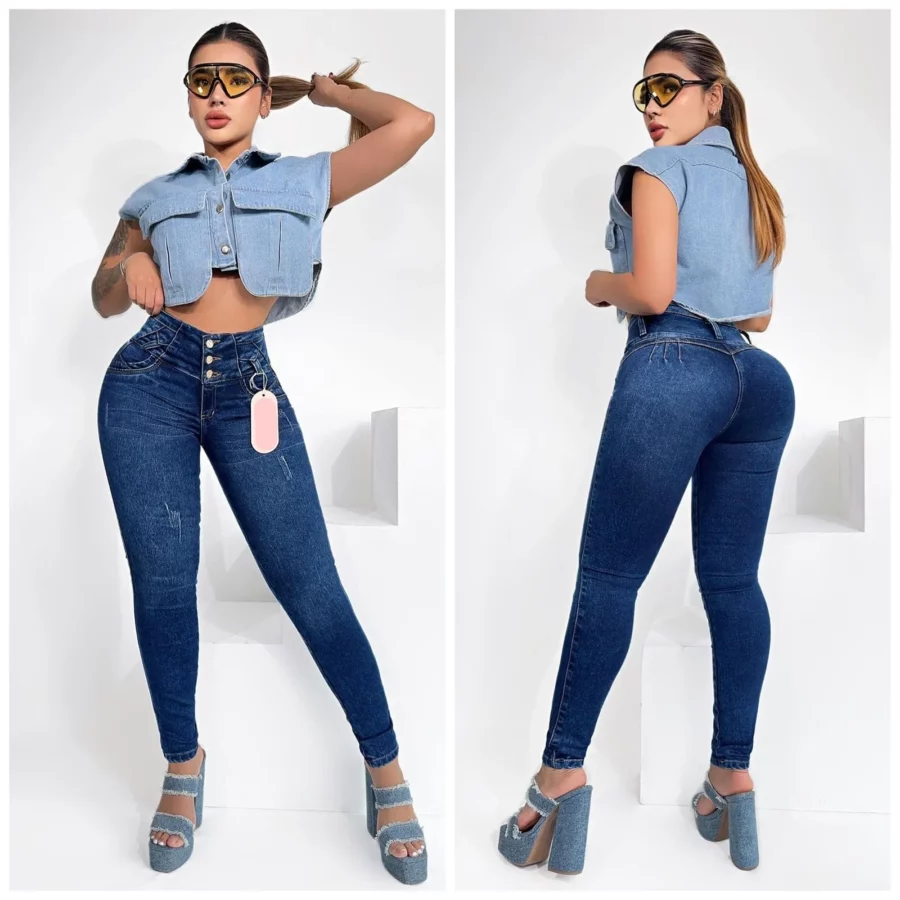Jeans casuales ceñidos con bolsillos y desgastados para mujer