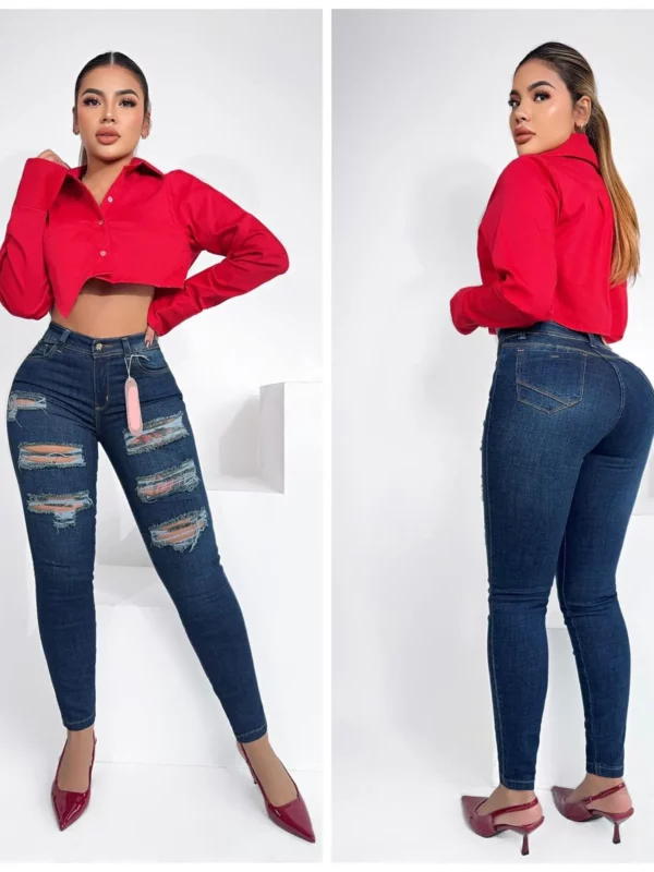 Jeans casuales push con con rotos y cremallera