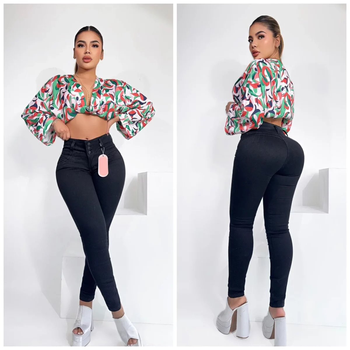 Skinny jeans push up negro con tres botones