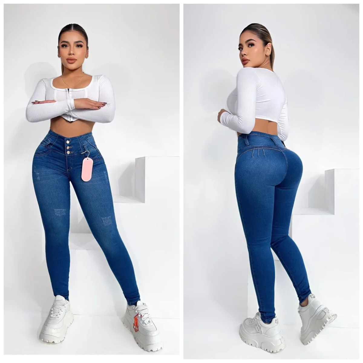 Skinny jeans push up con tres botones y detalles desgastados