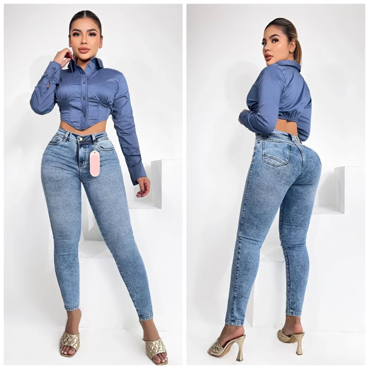 Jeans de talle alto, ajustados y elásticos con bolsillos ideal para uso diario