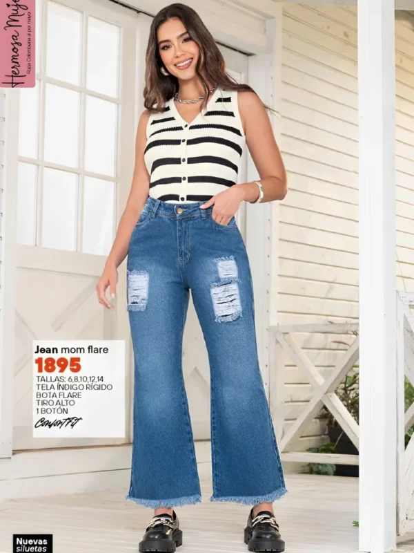 jean push up bora ancha azul claro con rotos