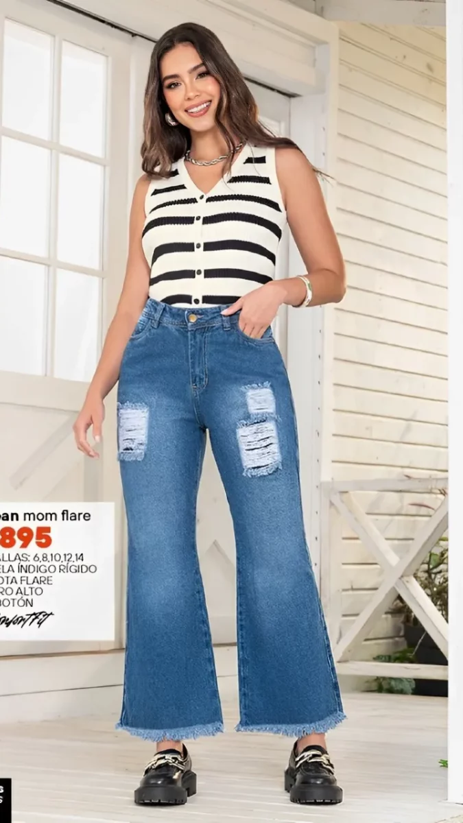 jean push up bora ancha azul claro con rotos