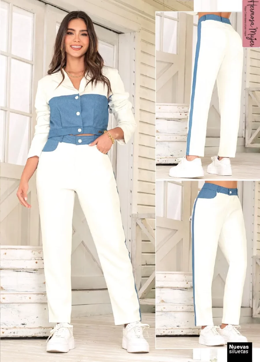 conjunto pantalon y chaqueta blanco con azul y botones