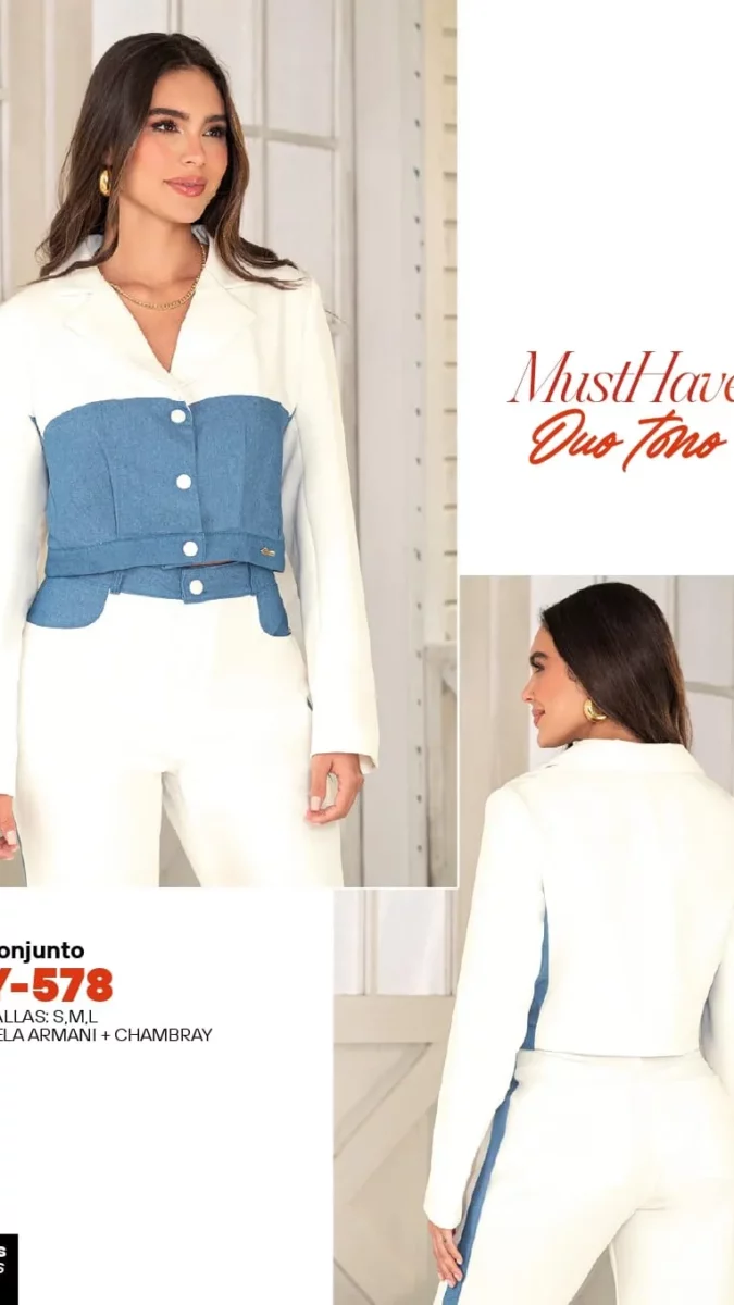 conjunto pantalon y chaqueta blanco con azul y botones