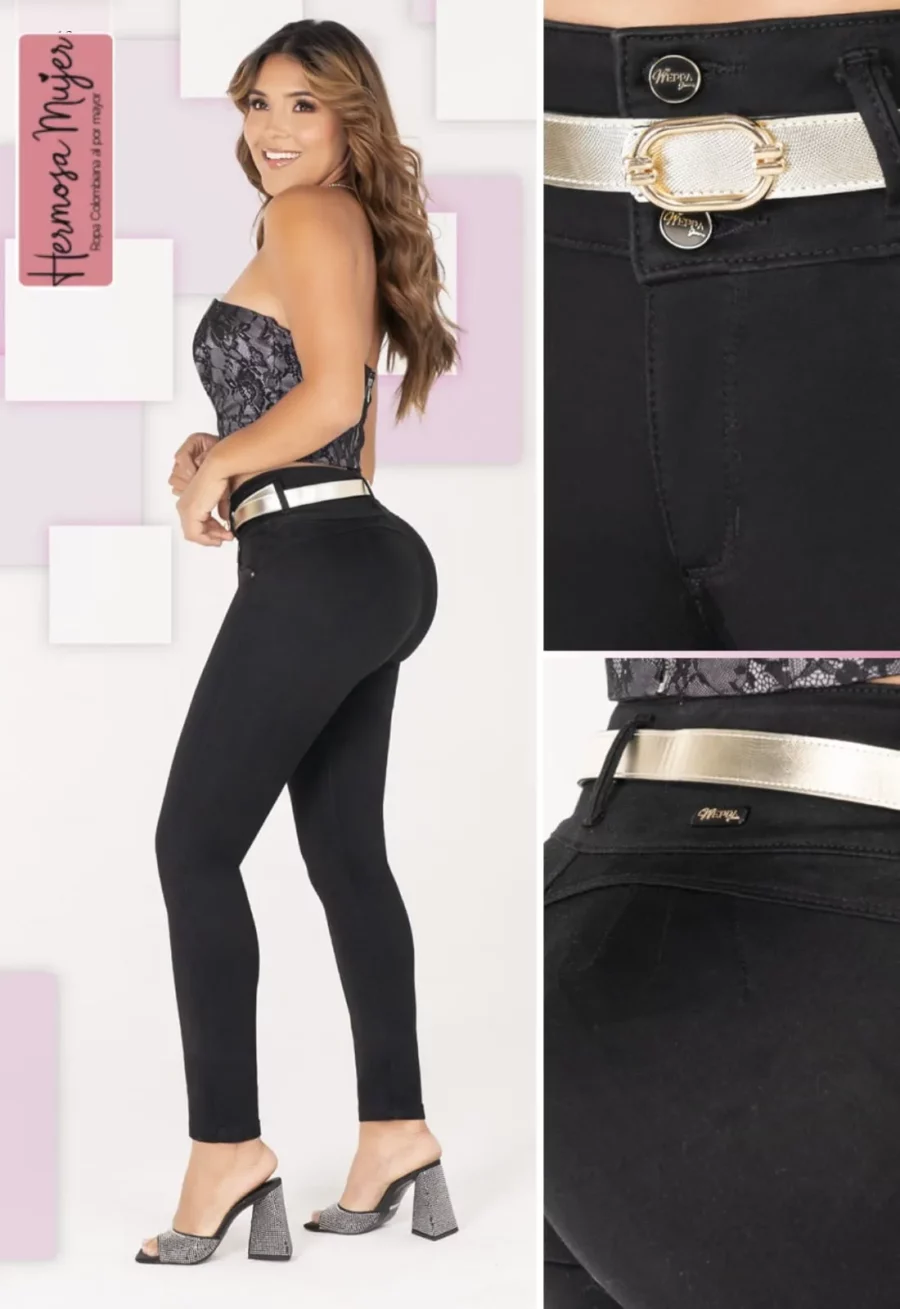 El Jean Push Up Bota Tubo Negro con Cinturón