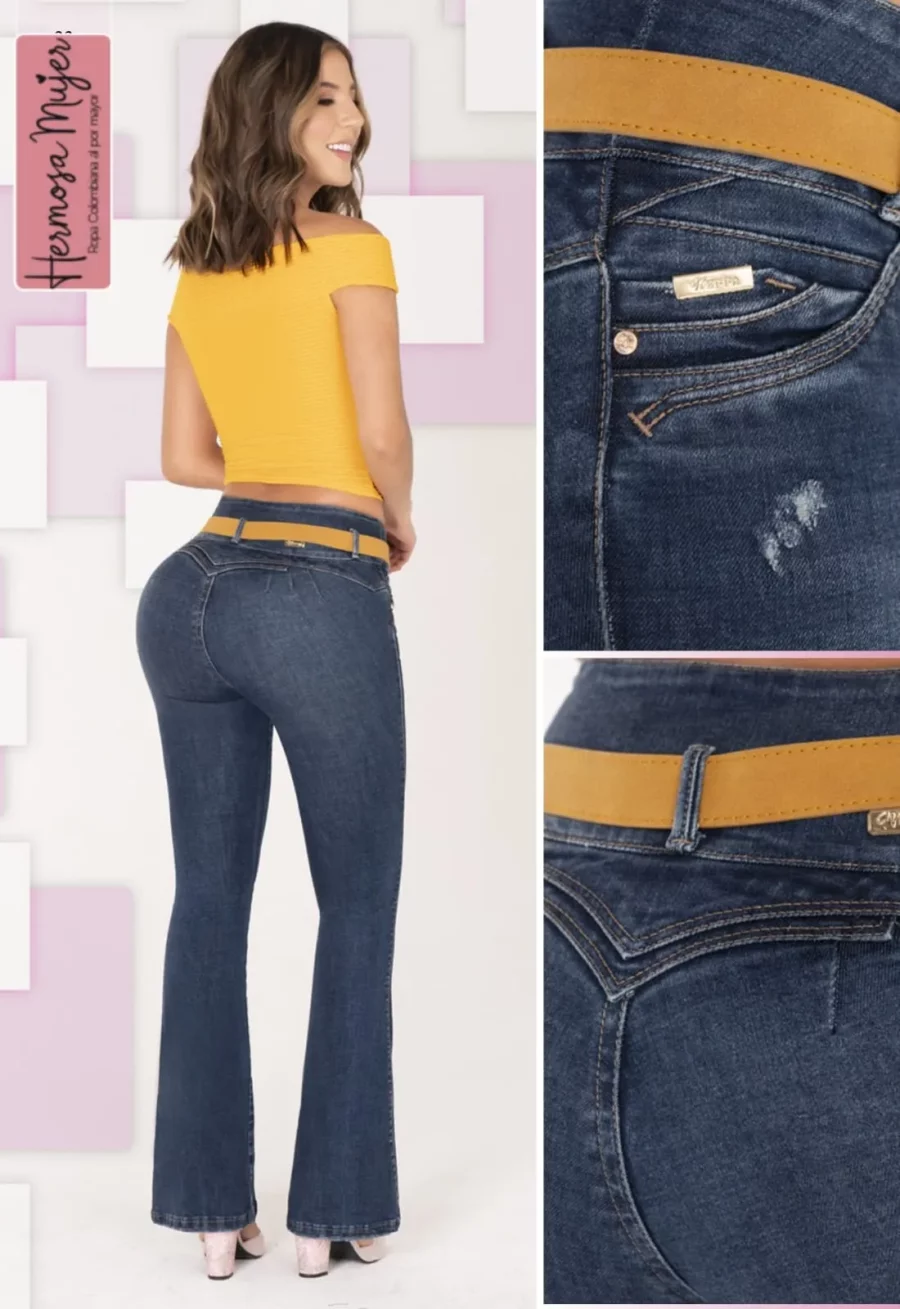 El Jean Push Up Bota Campana con Semi Rotos y Cinturón - Image 2