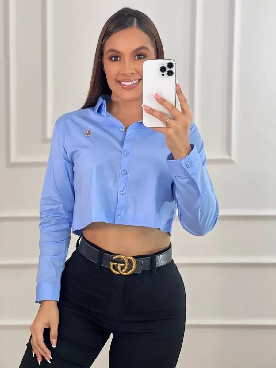 Blusa corta de manga larga con botones unicolor licrada - Image 3