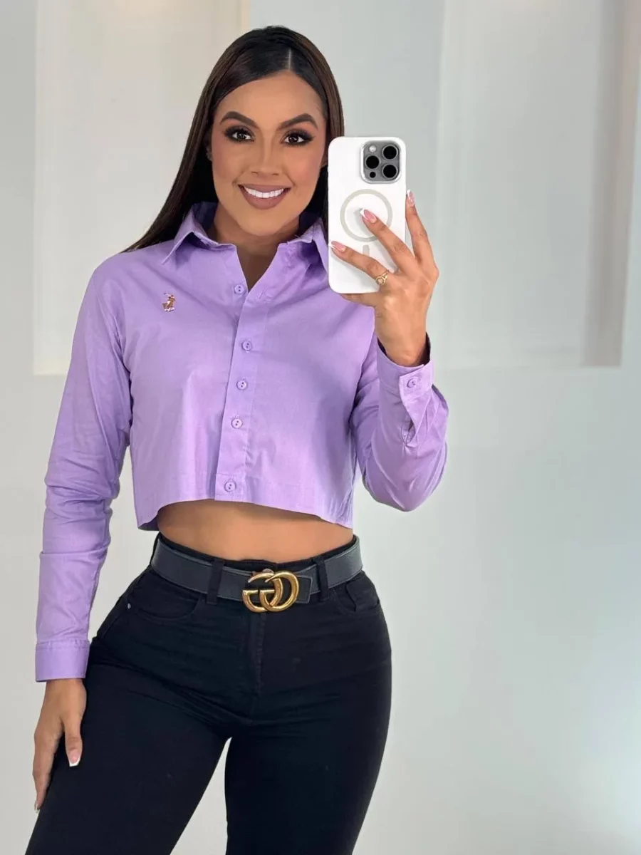 Blusa corta de manga larga con botones unicolor licrada - Image 15