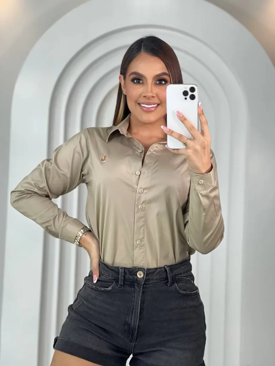 Blusa de manga larga con botones unicolor licrada - Image 7
