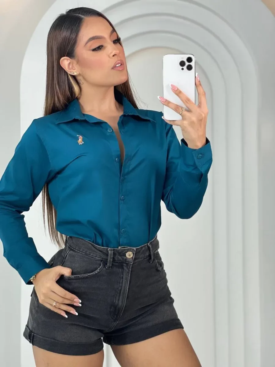 Blusa de manga larga con botones unicolor licrada - Image 4