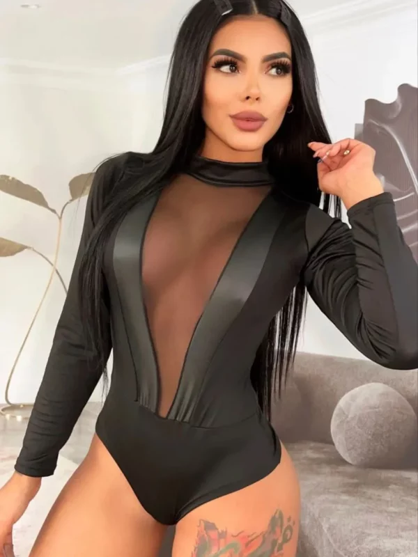 Body de manga larga con cuello redondo y diseño de malla