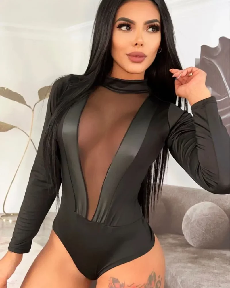 Body de manga larga con cuello redondo y diseño de malla