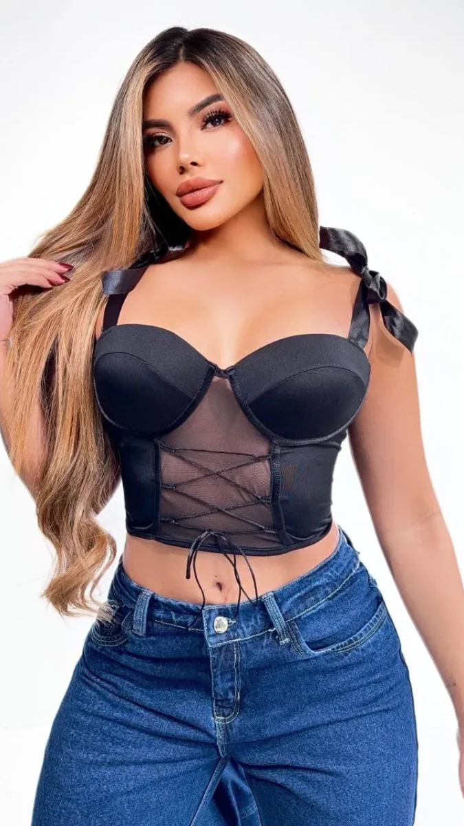 Crop top de tirantes para mujer con lazos en los hombros y cordón frontal