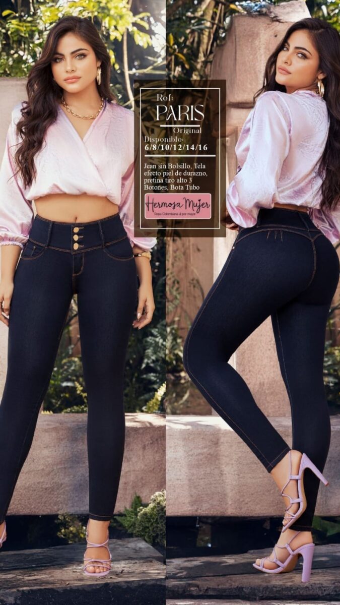 Jean paris bota tubo tiro alto con tres botones