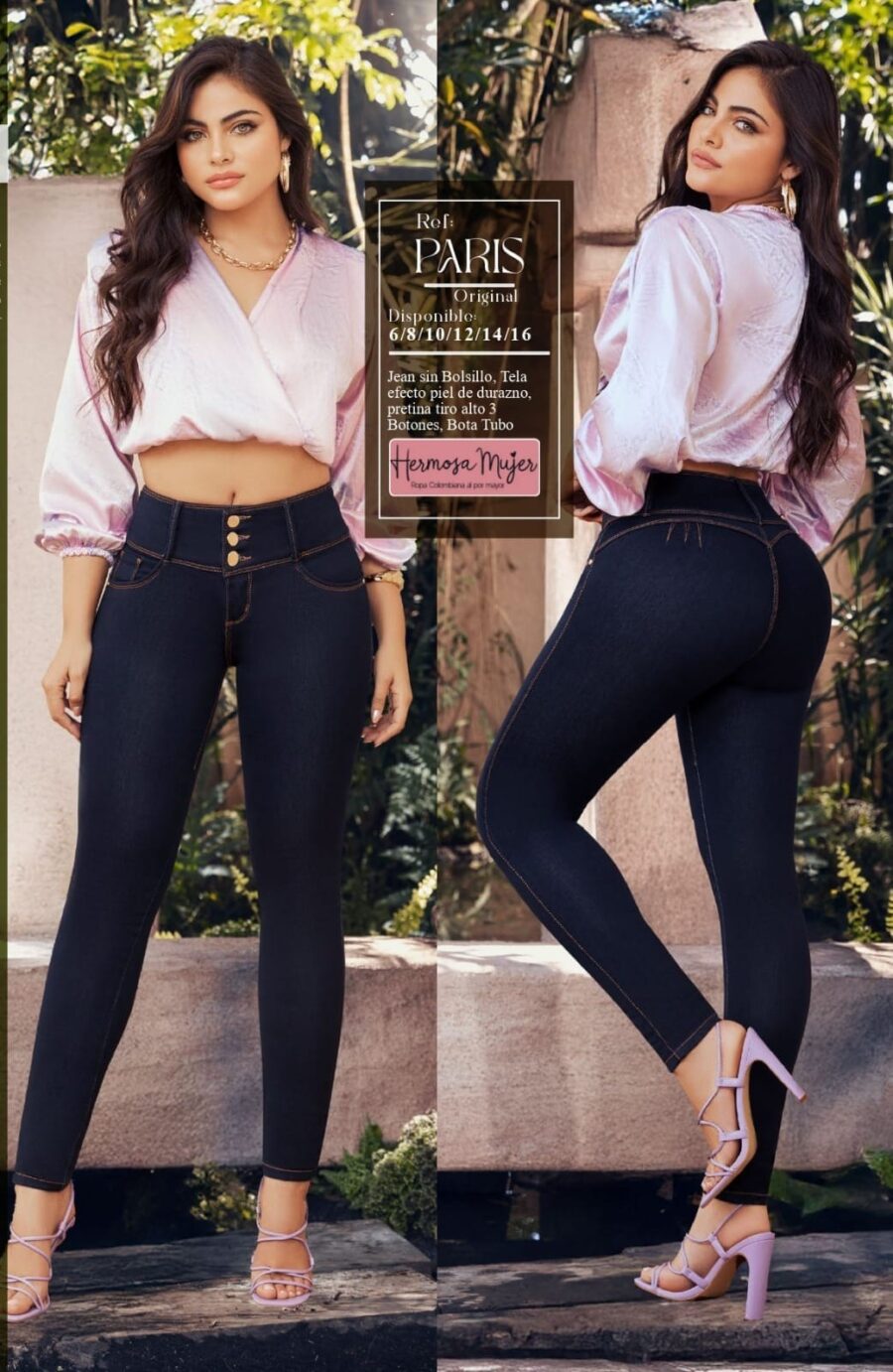 Jean paris bota tubo tiro alto con tres botones
