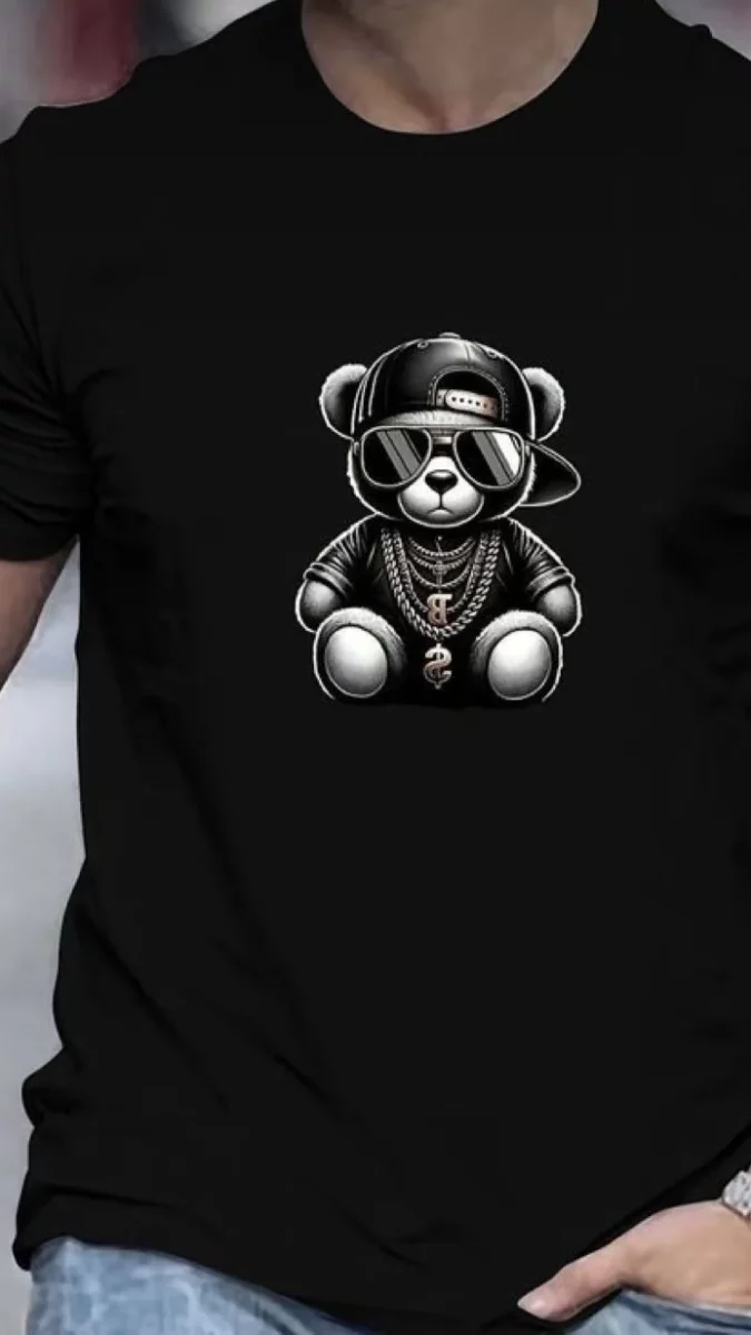 Camiseta de manga corta con estampado de oso con estilo rapero