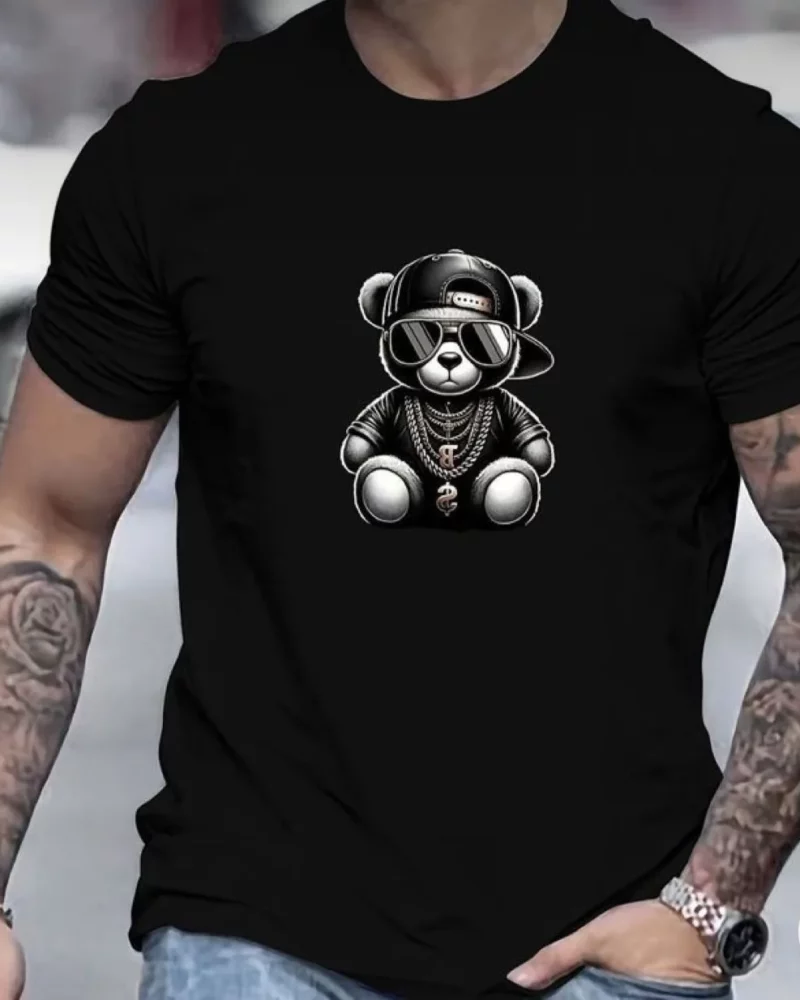 Camiseta de manga corta con estampado de oso con estilo rapero
