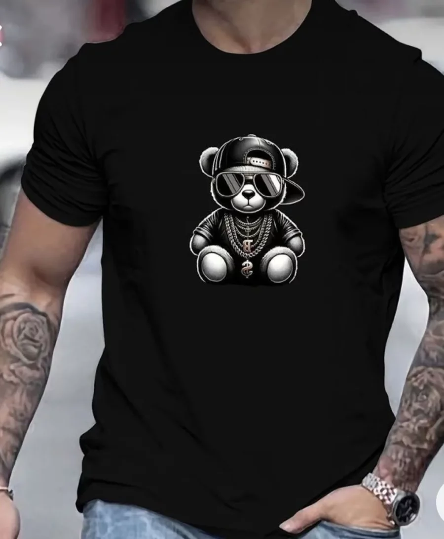 Camiseta de manga corta con estampado de oso con estilo rapero