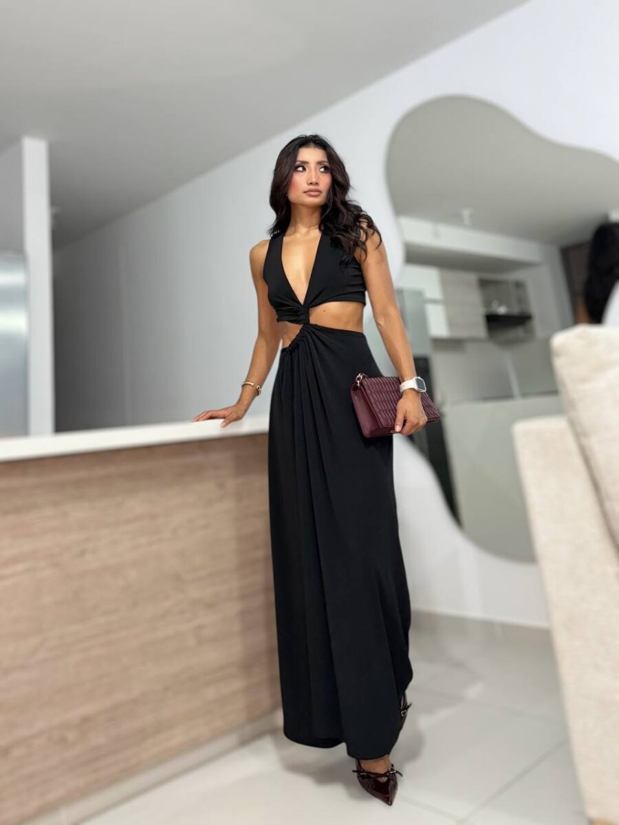 Vestido de noche con escote profundo, cut out en la cintura y abertura en la pierna - Image 7