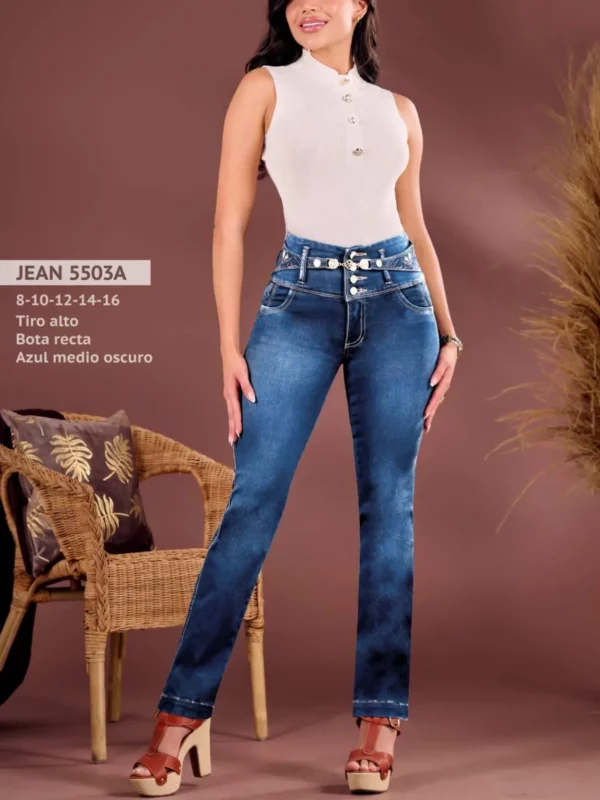 Jean push up bota recta con cinturon de boton