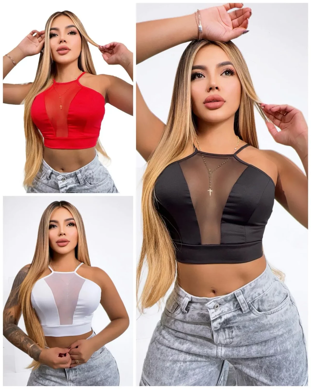 Crop Top con escote halter y malla transparente