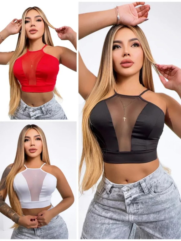 Crop Top con escote halter y malla transparente