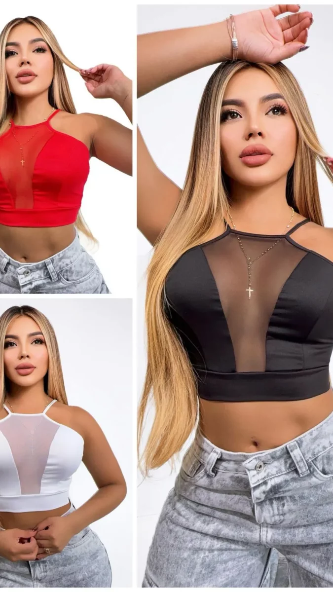 Crop Top con escote halter y malla transparente