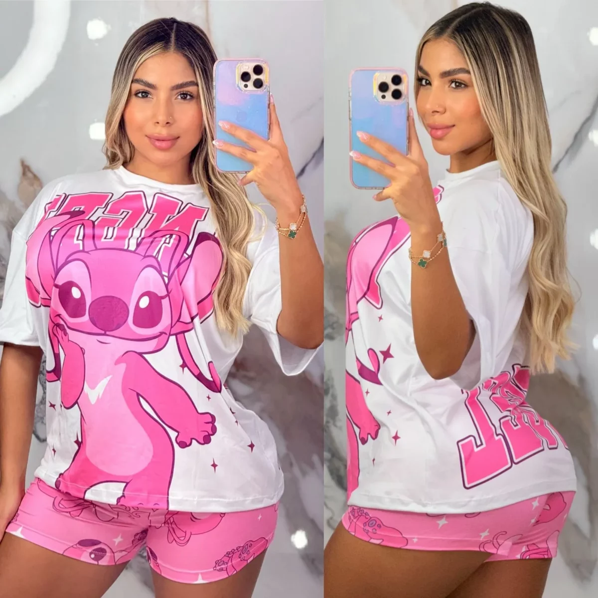 Pijama Short con Diseño de Stitch Rosada Talla Unica