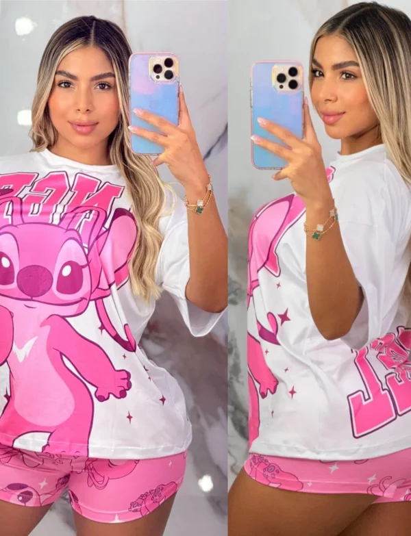 Pijama Short con Diseño de Stitch Rosada Talla Unica