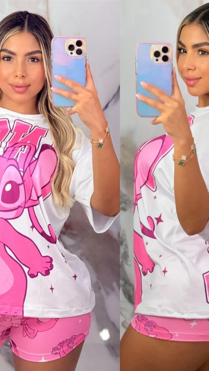 Pijama Short con Diseño de Stitch Rosada Talla Unica