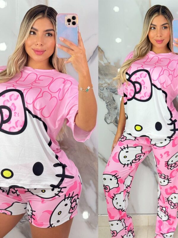 Conjunto de pijama camiseta, short y pantalon con estampado tierno de Hello Kitty