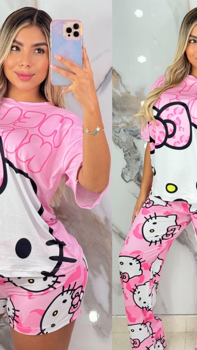 Conjunto de pijama camiseta, short y pantalon con estampado tierno de Hello Kitty