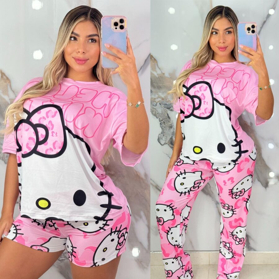Conjunto de pijama camiseta, short y pantalon con estampado tierno de Hello Kitty